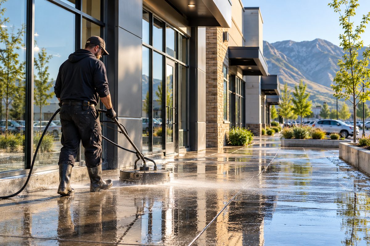 Commercial storefront entryway and sidewalk pressure washing restoration