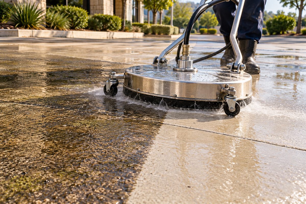 Commercial rotary surface cleaner washing concrete walkway with clean contrast line