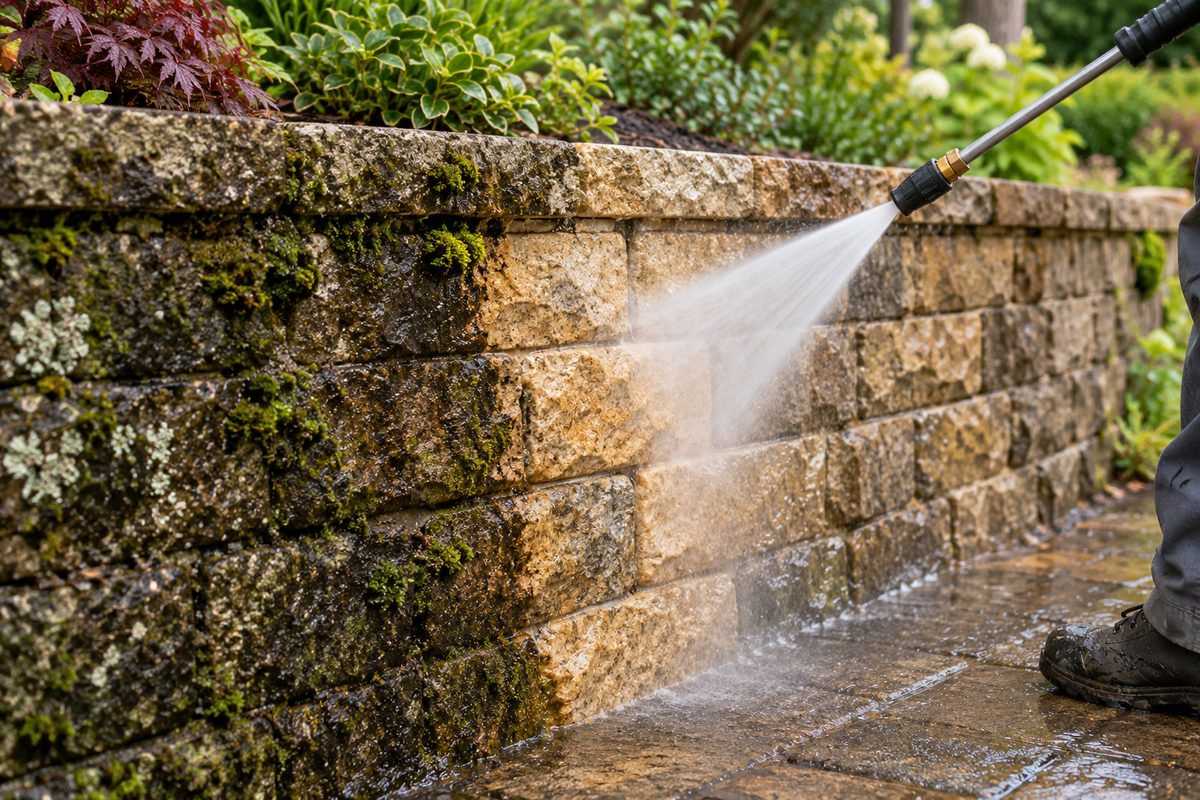 Masonry retaining wall cleaning revealing natural stone aggregate