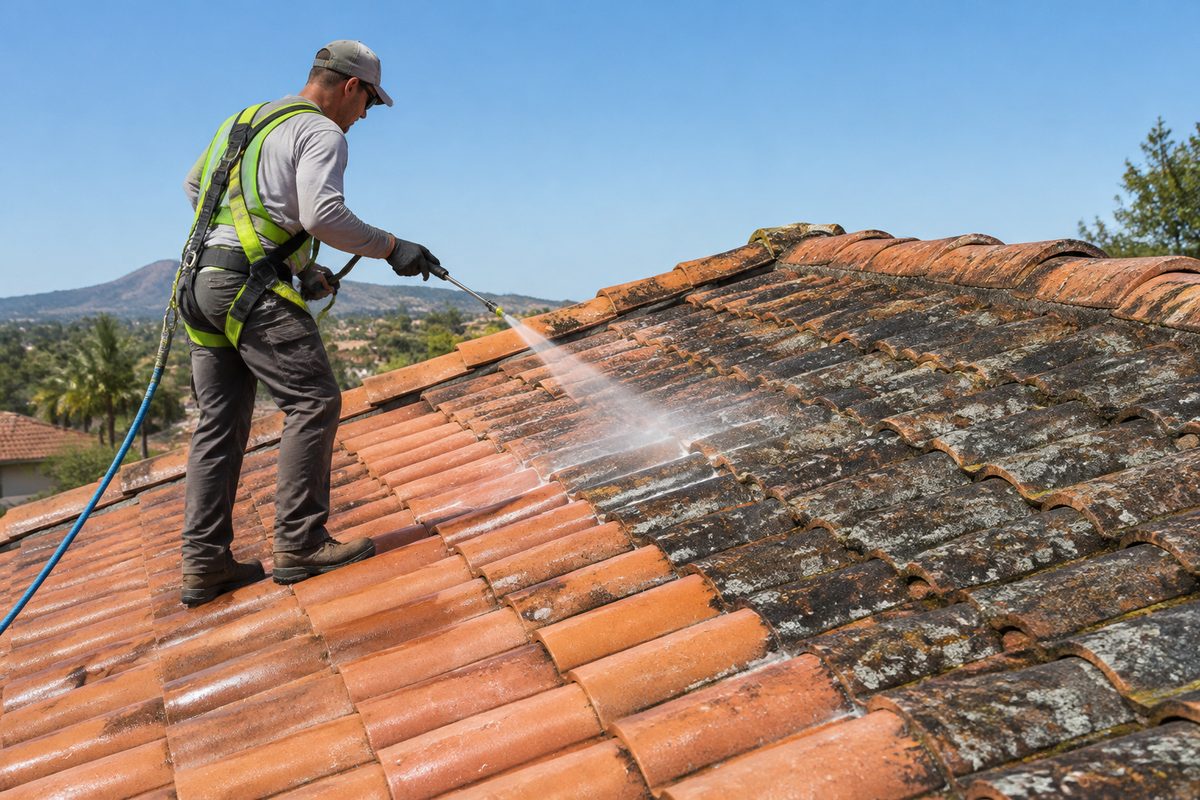Low-pressure biological roof tile cleaning treatment on terracotta barrel roof