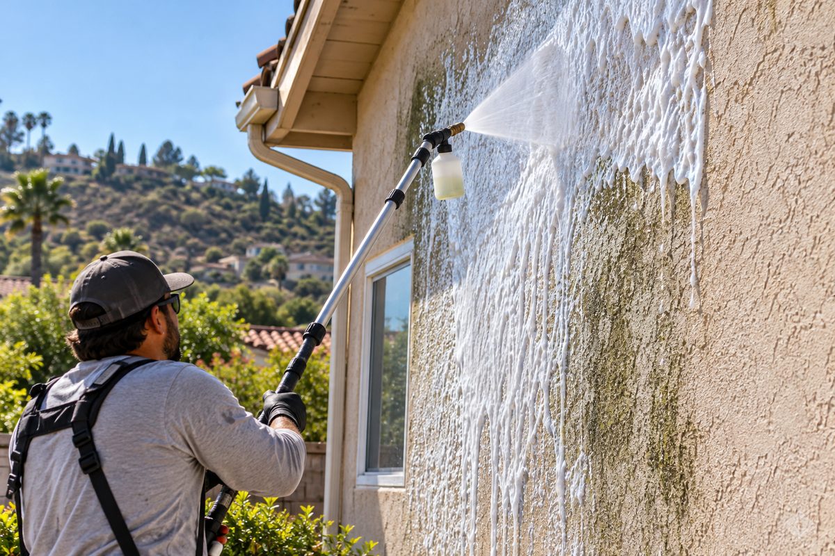 Low-pressure soft wash foam applied to residential exterior stucco siding