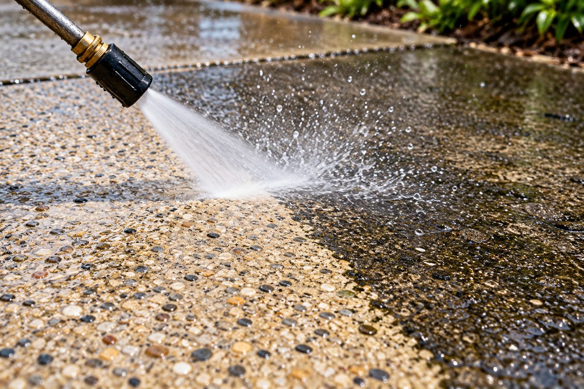 Macro detail of high-pressure water lifting embedded soot from exterior concrete
